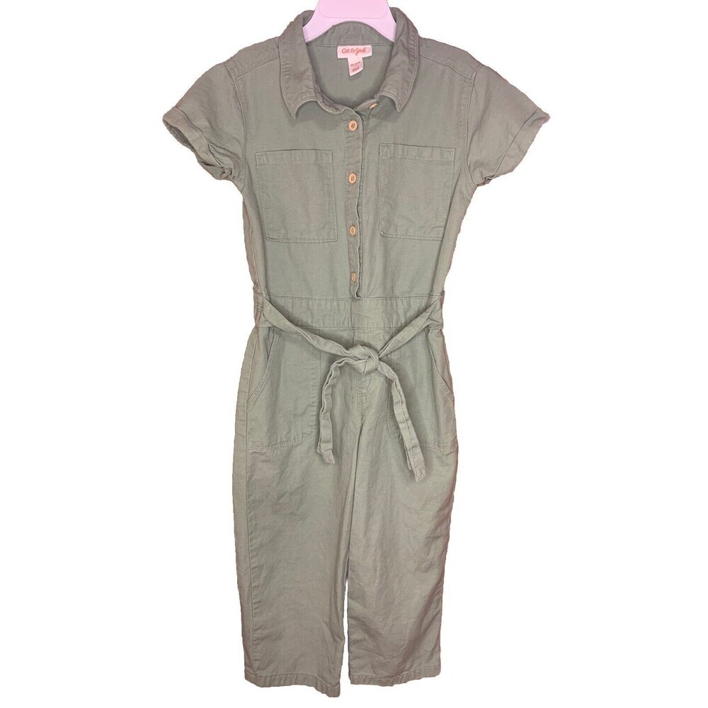 CAT & JACK GIRLS JUMPSUIT ROMPER POCKETS Dressy Outfit Army Green Size 6/7